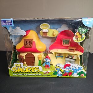 NIB Papa Smurf Mushroom House Articulated Playset 6 pc Jakks Pacific 2" 2008